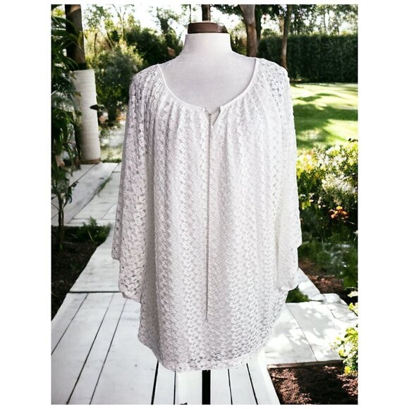 Shannon Ford New York Blouse White Lace Wide Sleeves Chain Tie Women's PLUS 1X - Picture 1 of 9